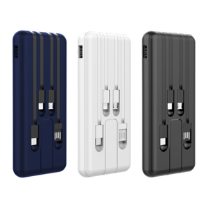 TH-085, Power bank fabricada en plástico ABS con 1 salida USB y 4 cables de carga (tipo C, micro USB, iPhone, USB). Display con indicador del nivel de la batería. Batería de polímero de litio de 10,000 mAh. Incluye cable USB para carga y caja de cartón individual.