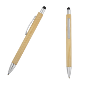 BP-17020BM, Bolí­grafo de bambú con clip y punta metálica, goma touch screen y mecanismo de click.
