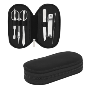 CP-038, Set de manicure en estuche tipo gamuza con cierre que incluye: pinzas para depilar, tijeras, empujador de cutí­cula, lima, cortauí±as y limpiador de oidos.