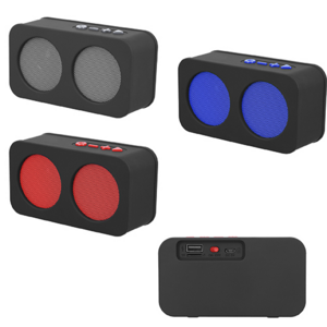 SO-051, Bocina portátil de acabado rubber con Bluetooth, entada SD, USB, radio FM y botones de color en contraste. Batería recargable con duración de 2-3 horas