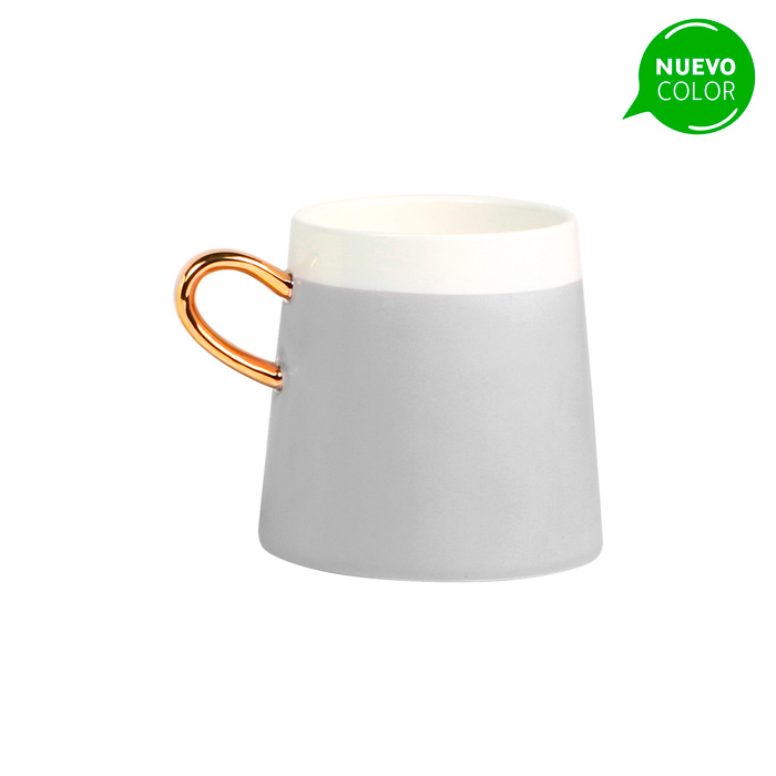 TE-069, Taza de cerámica bi-tono con asa dorada. Capacidad de 360 ml. Incluye caja de cartón individual.