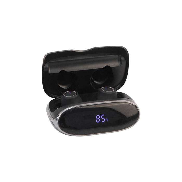 TH-155, Audífonos bluetooth con estuche de carga fabricado en plástico ABS, con indicador de nivel de batería en la parte frontal. Carga a través de cable USB (incluido). Incluye caja de cartón individual.