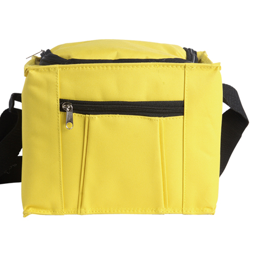 TX-020, Hielera 6 pack termica fabricada en nylon con interior en polietileno, con bolsa al frente y correa de hombro regulable, colores: azul, amarillo, negro, rojo y naranja