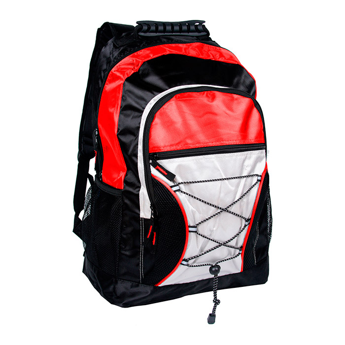 TX-025, Mochila back pack fabricada en pvc con bolsa de red a un costado, colores: azul y rojo