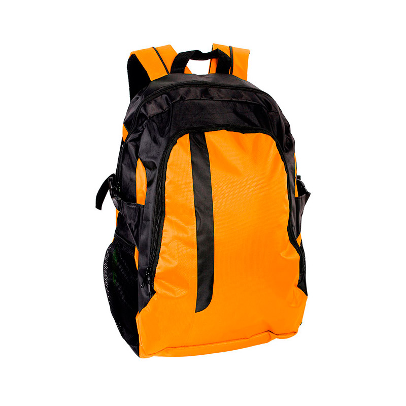 TX-061, Mochila de poliester tipo back pack con porta laptop y bolsa de red a un costado, color negro con azul, gris, rojo, verde y naranja