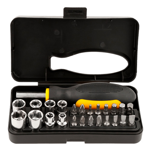 HR-040, Set pórtatil de herramientas. Incluye 25 accesorios: 1 mango, 16 puntas intercambiables y 8 dados.